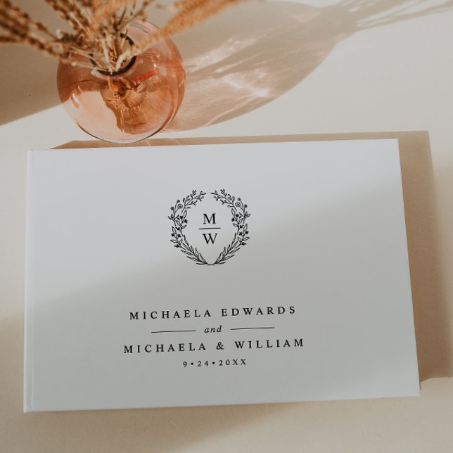 Enkel Elegant Botanisk Krans Monogram Bröllop Gästböcker (Skapare uppladdad)