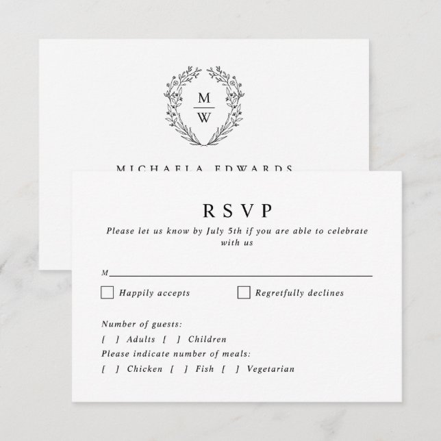 Enkel Elegant Botanisk Krans Monogram Bröllop OSA Kort (Fram/baksida)
