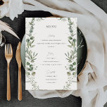 Enkel Elegant Botaniskt Bröllop Meny<br><div class="desc">Öka bröllop med den enkla Eleganten Botaniska Bröllop Menu-designen, en tidlös sammanslagning av en verdant vattenfärgad blommigt och raffinerad sofistikering. Den här moderna klassiska designen har ett känsligt botaniskt inslag av intertwining-eukalyptus och grumliga vita blommigtar, vilket framkallar naturens romantik under varje säsong - vår, sommar, fall eller vinter. Med en...</div>