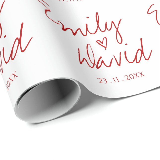 Enkel Elegant Bride Groom Namn Red Heart Bröllop Presentpapper (Rullad Hörn)