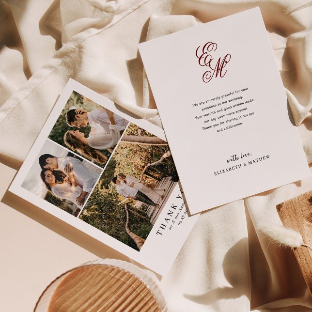 Enkel Elegant Burgundy Red Monogram Photo Bröllop Tack Kort (Skapare uppladdad)