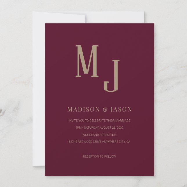 Enkel Elegant Burgundy Roman Monogram Bröllop Inbjudningar (Framsida)