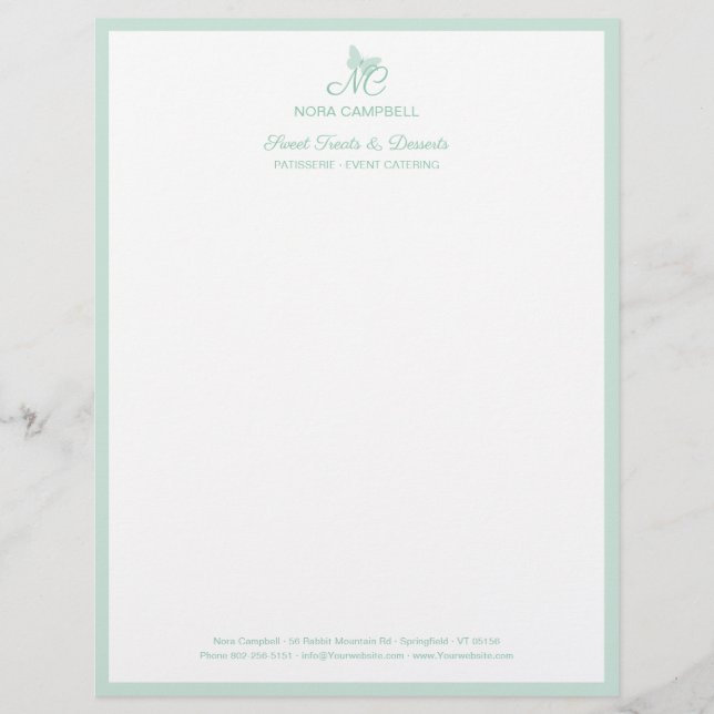 Enkel Elegant Butterfly Monogram Mint Gräns Brevhuvud (Framsida)
