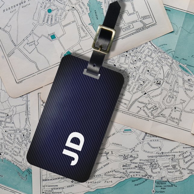 Enkel Elegant Dakr Blue Linen White Monogram Bagagebricka (Skapare uppladdad)