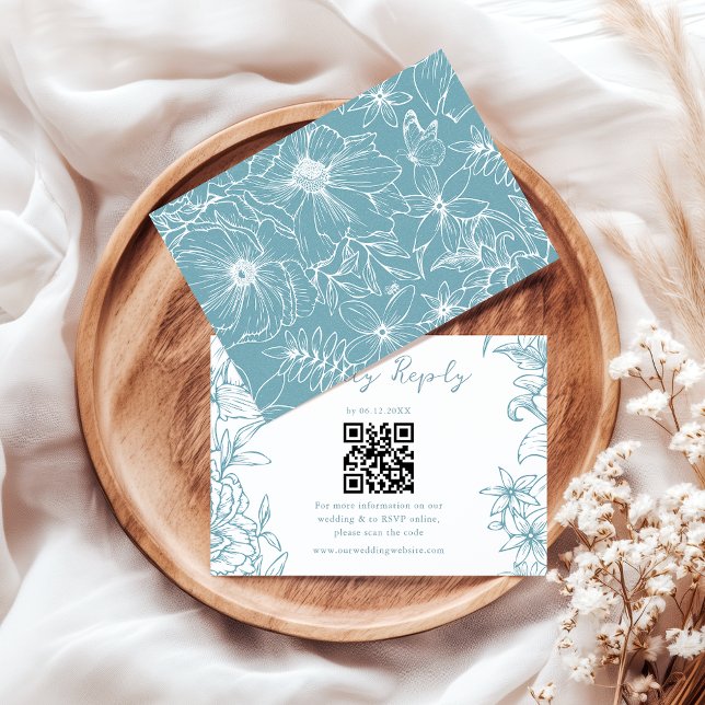 Enkel Elegant Dammig Blå Blommig QR-kod Bröllop OSA Kort (Skapare uppladdad)