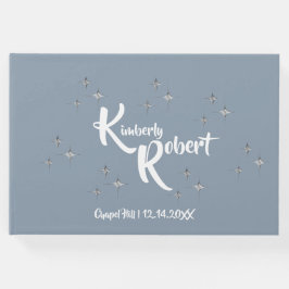 Enkel Elegant Dammig Blå och Vit Bröllops- Gästböcker