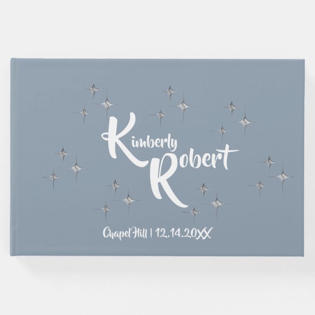 Enkel Elegant Dammig Blå och Vit Bröllops- Gästböcker (Framsida)