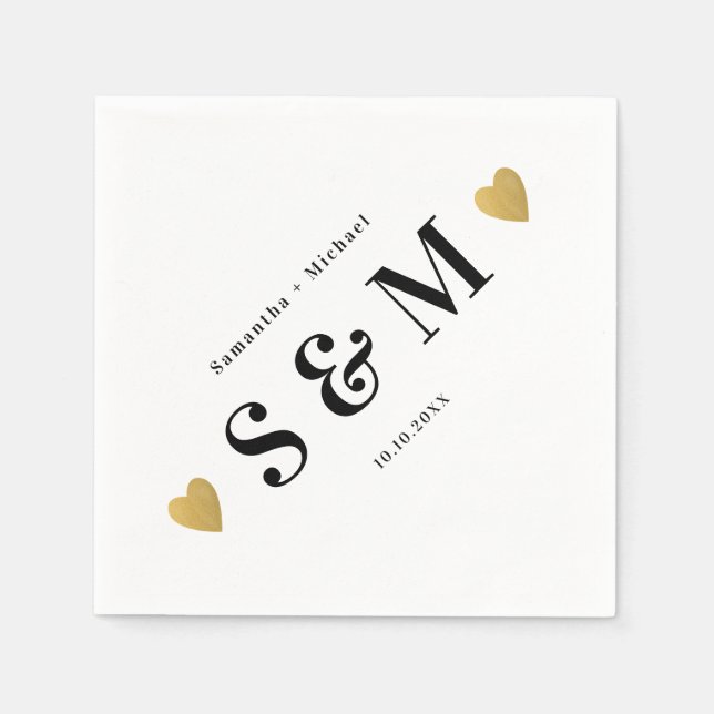Enkel Elegant Diagonal Monogram Guld Hjärtan Fest Pappersservett (Framsidan)