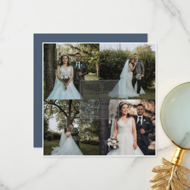 Enkel Elegant Dusty Blue 4 Photo Collage Bröllop Tack Kort (Fram/Back In Situ)