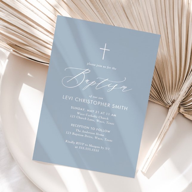 Enkel Elegant Dusty Blue Kor Boy Baptism Inbjudningar (Skapare uppladdad)