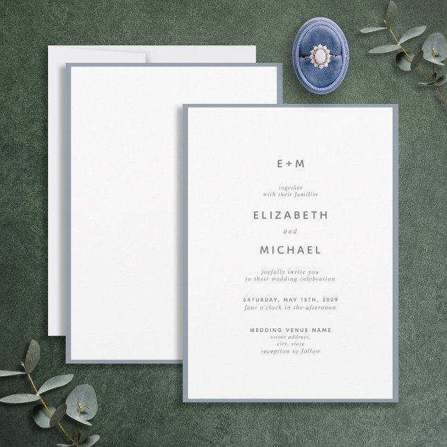 Enkel Elegant Dusty Blue Monogram Bröllop Inbjudningar (Skapare uppladdad)