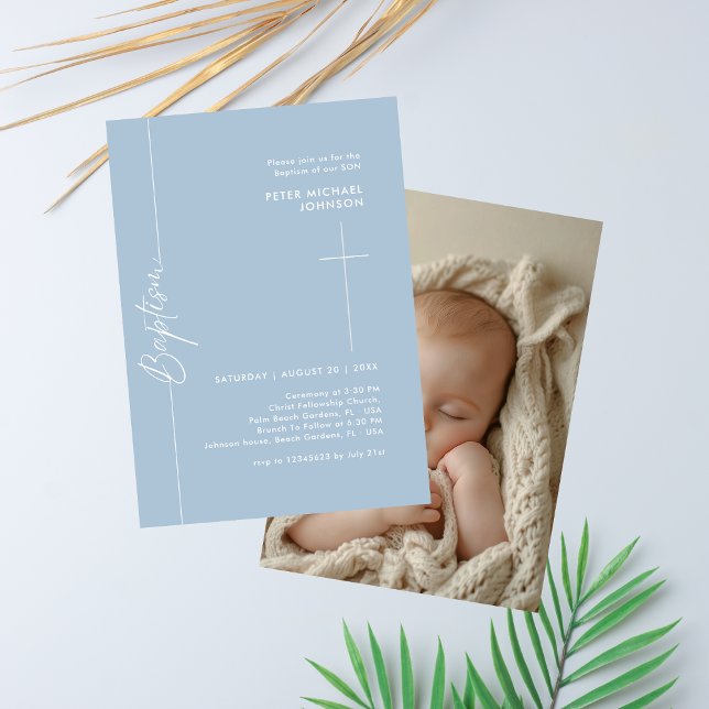 Enkel Elegant Dusty Blue Pojke Baptism Foto Inbjudningar (Skapare uppladdad)