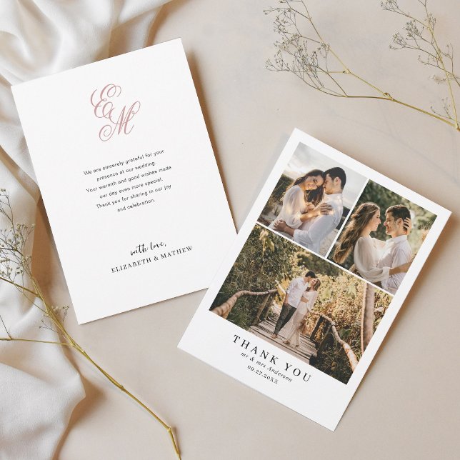 Enkel Elegant Dusty Rosa Monogram Photo Bröllop Tack Kort (Skapare uppladdad)