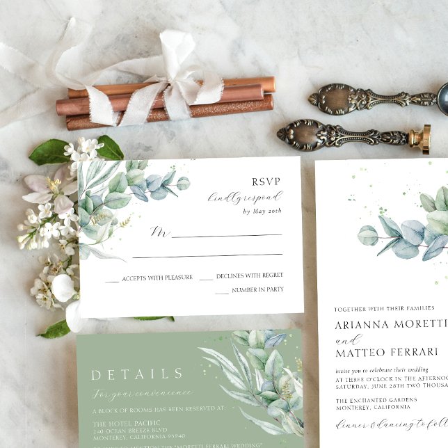 Enkel Elegant Eucalyptus Greenery Bröllop OSA Kort (Simple, sage green, modern wedding RSVP card with eucalyptus greenery)