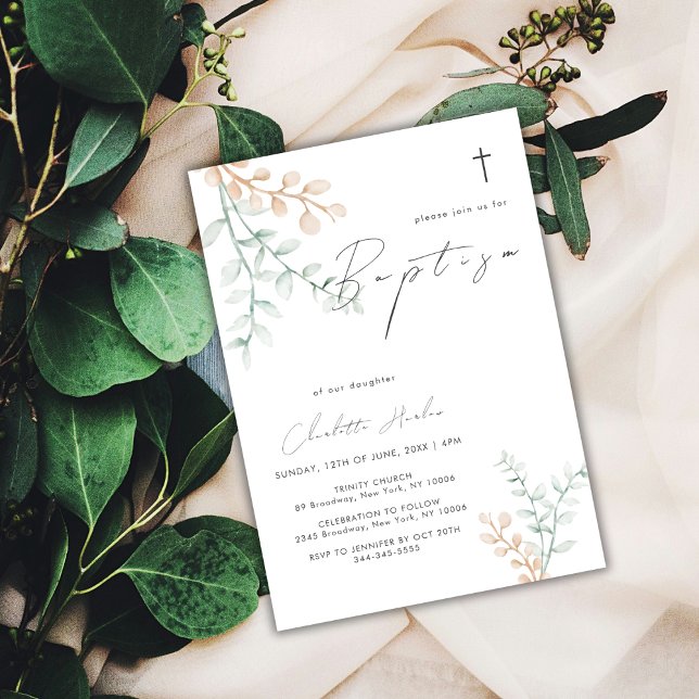 Enkel Elegant Eucalyptus Kor Baptism Inbjudningar (Simple Elegant Eucalyptus Cross Baptism Invitation)