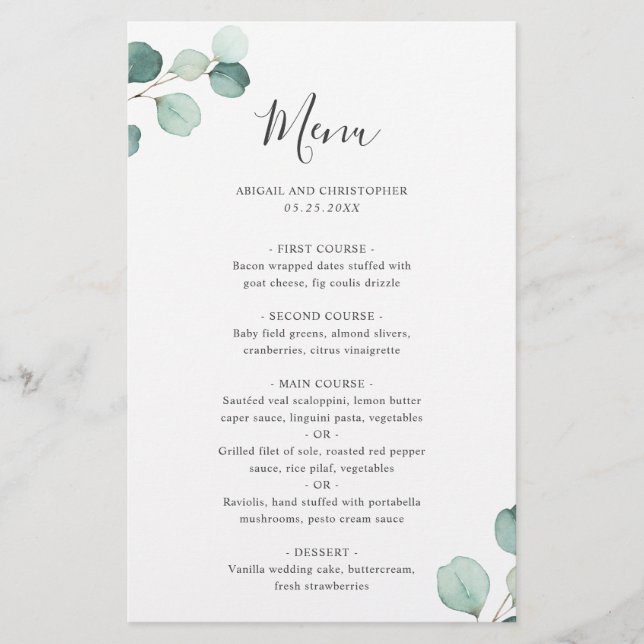 Enkel Elegant Eucalyptus Rustic Bröllop Menu (Framsida)