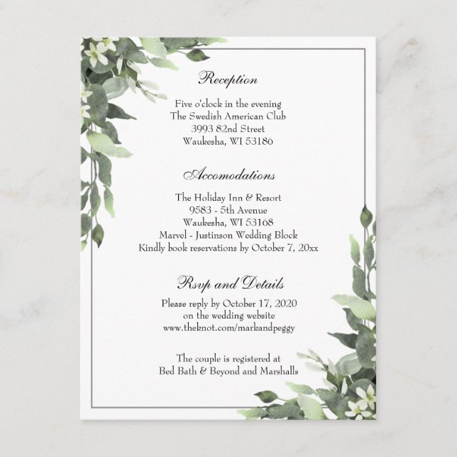 Enkel Elegant Eucalyptus Wedding Reception Tilläggskort (Framsida)