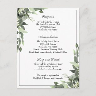 Enkel Elegant Eucalyptus Wedding Reception Tilläggskort