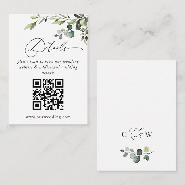 Enkel Elegant Eukalyptus Bröllops QR-kod Detaljer Tilläggskort (Fram/baksida)