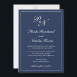 Enkel Elegant Formell marinblå marinblå Bröllop Inbjudningar<br><div class="desc">Traditional stil navy Blue bröllopsinbjudan med en enkel och klassisk design med dina två första monogram och namn i en elegant kalligrafi inuti ett tunt gräns. All inslag kan ändras i verktyg för designredigering. Dessa inbjudningar från elegant bröllop är perfekt för ett formellt bröllop.</div>