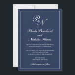 Enkel Elegant Formell marinblå marinblå Bröllop Inbjudningar<br><div class="desc">Traditional stil navy Blue bröllopsinbjudan med en enkel och klassisk design med dina två första monogram och namn i en elegant kalligrafi inuti ett tunt gräns. All inslag kan ändras i verktyg för designredigering. Dessa inbjudningar från elegant bröllop är perfekt för ett formellt bröllop.</div>