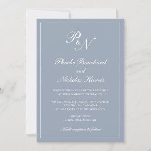 Enkel Elegant Formell Monogram Dusty Blue Bröllop Inbjudningar