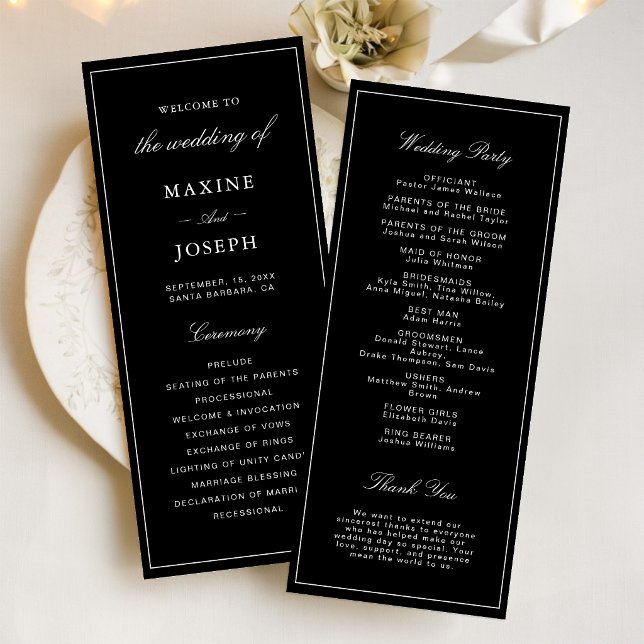 Enkel Elegant Formell Svart & Vit Bröllopsfest Program (Simple black and white wedding program keeps guests informed with elegant style.)