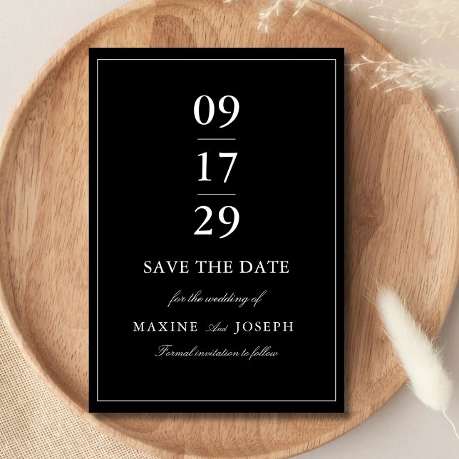 Enkel Elegant Formell Svart & Vit Bröllopsfest Spara Datumet (Simple black and white wedding save the date shares your big news with timeless elegance.)