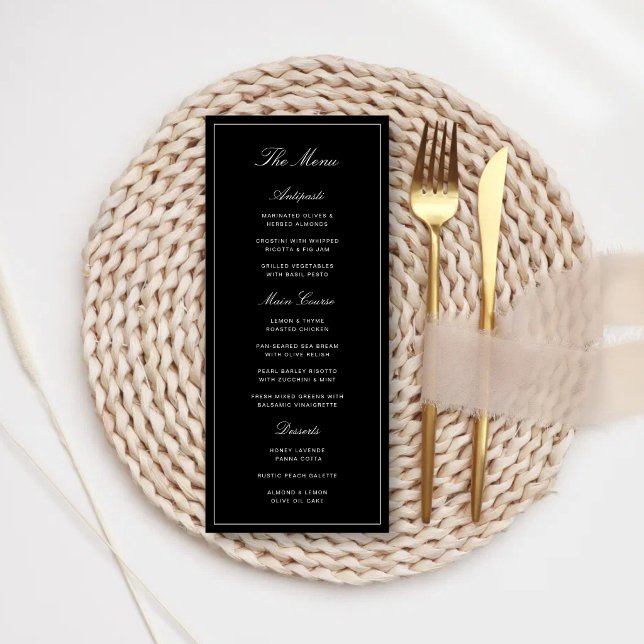 Enkel Elegant Formell Svart & Vit Bröllopsmeny Meny (Simple black and white wedding menu presents your meal with elegant, timeless style.)