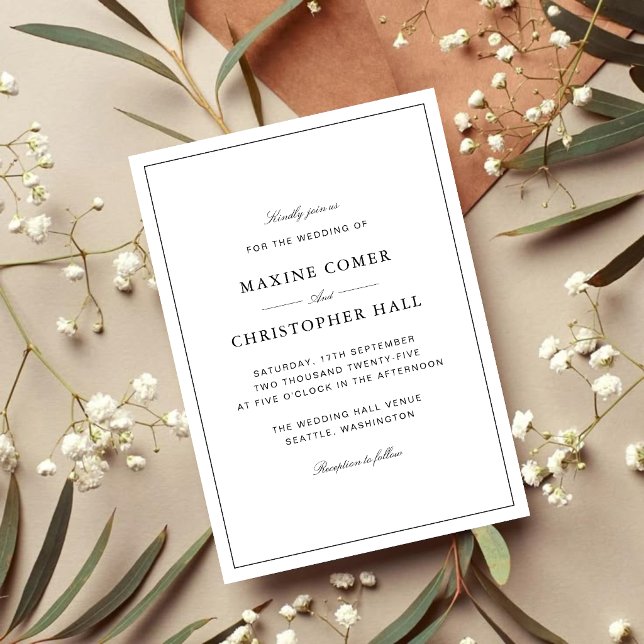 Enkel Elegant Formell Vit & Svart Bröllop Inbjudningar (Simple white and black wedding invitation creates a timeless, elegant first impression.)