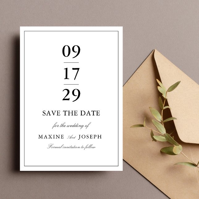 Enkel Elegant Formell Vit & Svart Bröllop Spara Datumet (White and black wedding save the date adds timeless elegance to your wedding announcement.)