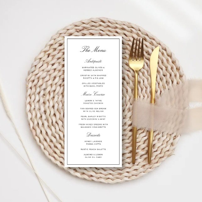 Enkel Elegant Formell Vit & Svart Bröllopsmeny Meny (Elegant white and black wedding menu showcases your meal with timeless sophistication.)