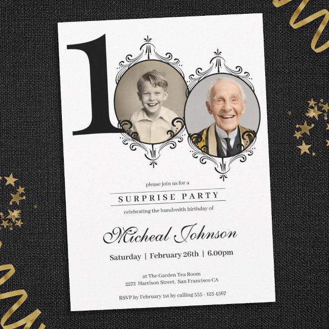 Enkel Elegant Foto 100:e födelsedagsöverraskning P Inbjudningar (Simple Elegant Photo 100th Birthday Surprise Party Invitation)