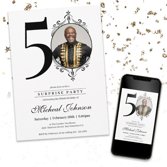 Enkel Elegant Foto 50:e födelsedagsöverraskningen  Inbjudningar (Simple Elegant Photo 50th Birthday Surprise Party Invitation)