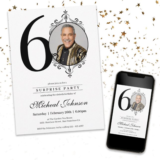 Enkel Elegant Foto 60:e födelsedagsöverraskningen  Inbjudningar (Simple Elegant Photo 60th Birthday Surprise Party Invitation)