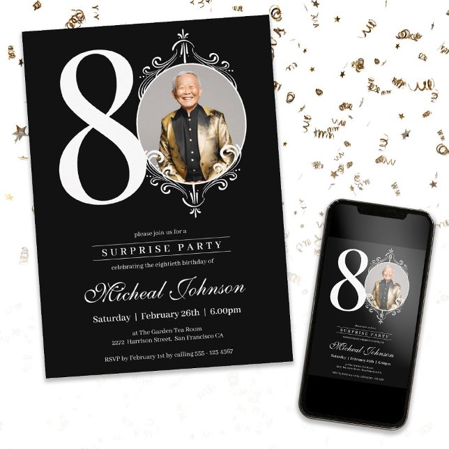 Enkel Elegant - foto 80:e Födelsedagsfesten Inbjudningar (Surprise Simple Elegant Photo 80th Birthday Party Invitation)