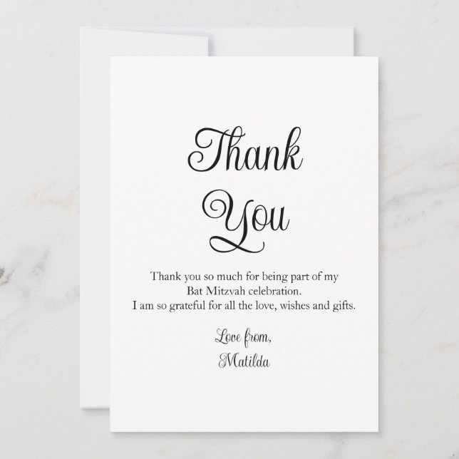 Enkel Elegant Foto Bat mitzvah födelsedag Tack Kort (Baksida)