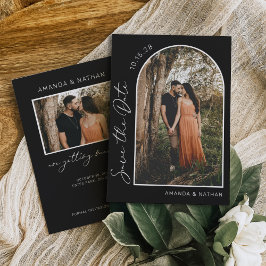 Enkel Elegant Foto Black and White Bröllop Spara Datumet