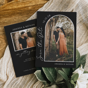 Enkel Elegant Foto Black and White Bröllop Spara Datumet