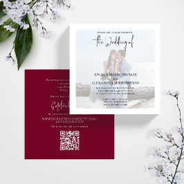 Enkel Elegant Foto Minimal Burgundy QR-kodOSA Inbjudningar