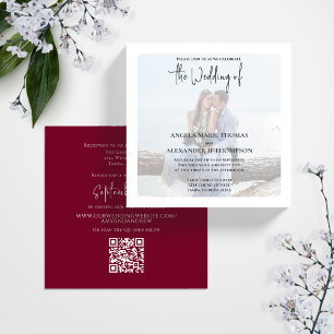 Enkel Elegant Foto Minimal Burgundy QR-kodOSA Inbjudningar