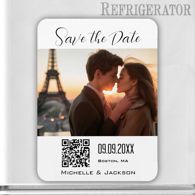 Enkel Elegant Foto QR-kod Spara datum Magnet (Modern Save the Date magnet featuring your own photo. With QR code template)