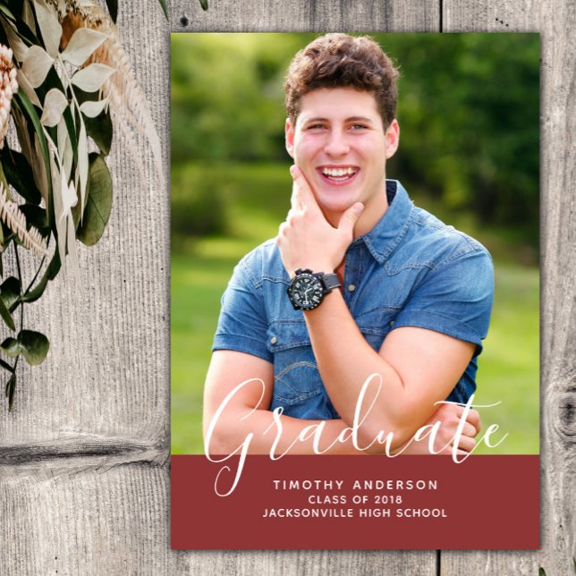 Enkel Elegant Foto Studenten | Burgundy Inbjudningar (Burgundy Simple Elegant Photo Graduation Vertical Announcement)