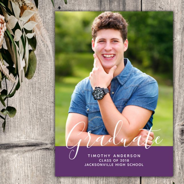 Enkel Elegant Foto Studenten Lodrät | LILA Inbjudningar (Purple Simple Elegant Photo Graduation Vertical Announcement)