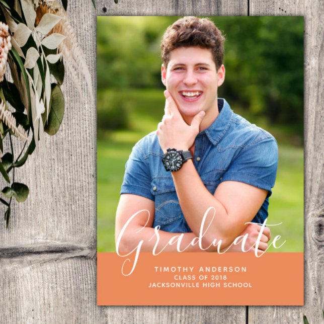 Enkel Elegant Foto Studenten Lodrät | ORANGE Inbjudningar (Orange Simple Elegant Photo Graduation Vertical Announcement)