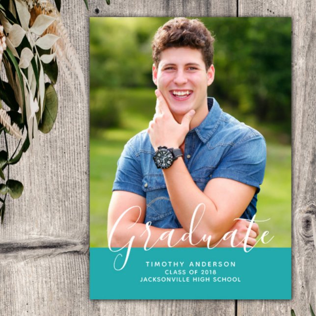 Enkel Elegant Foto Studenten Lodrät | Teal Inbjudningar (Teal Simple Elegant Photo Graduation Vertical Announcement)