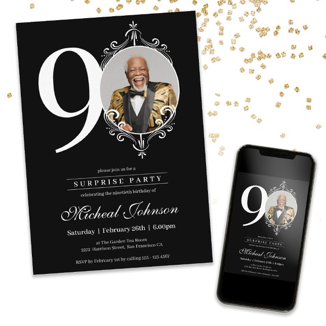 Enkel Elegant Foto Surprise Party 90:e födelsedag Inbjudningar (Simple Elegant Photo Surprise Party 90th Birthday Invitation)
