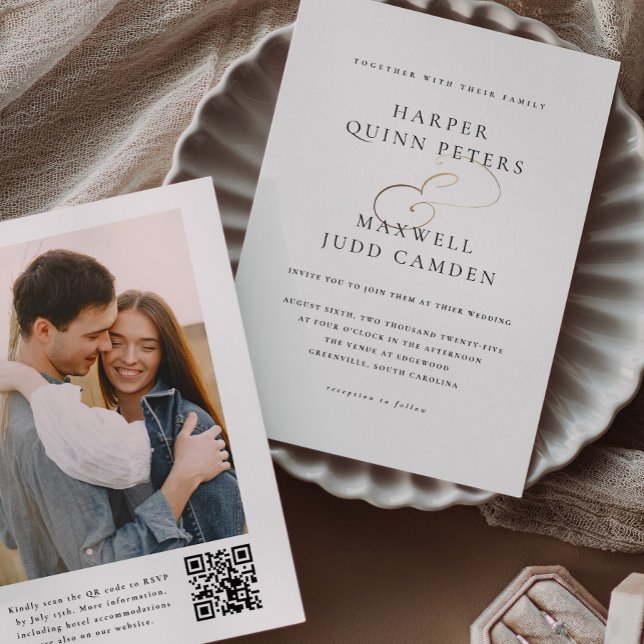 Enkel Elegant Fotobryllop Inbjudningar (Elegant Typography Black and White with Gold Photo Wedding Invitation with QR code.)