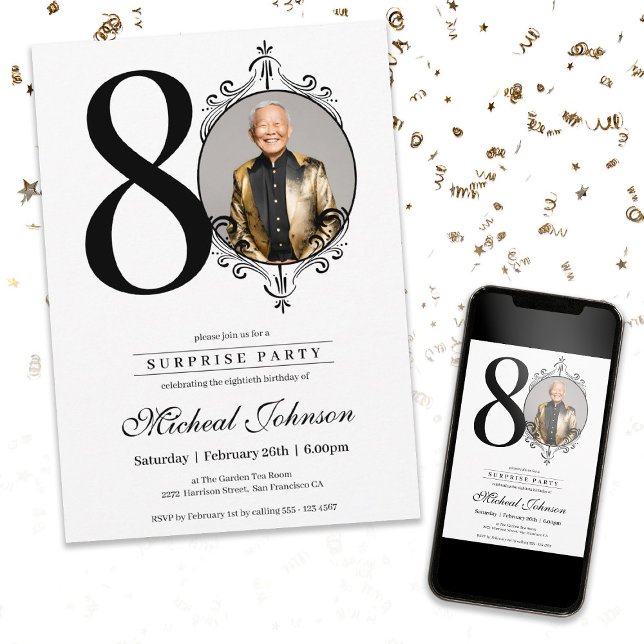 Enkel Elegant - fotoöverraskning 80:e Födelsedagsf Inbjudningar (Simple Elegant Photo Surprise 80th Birthday Party Invitation)