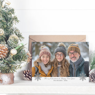 Enkel Elegant grått Snöflingor ett foto Julkort